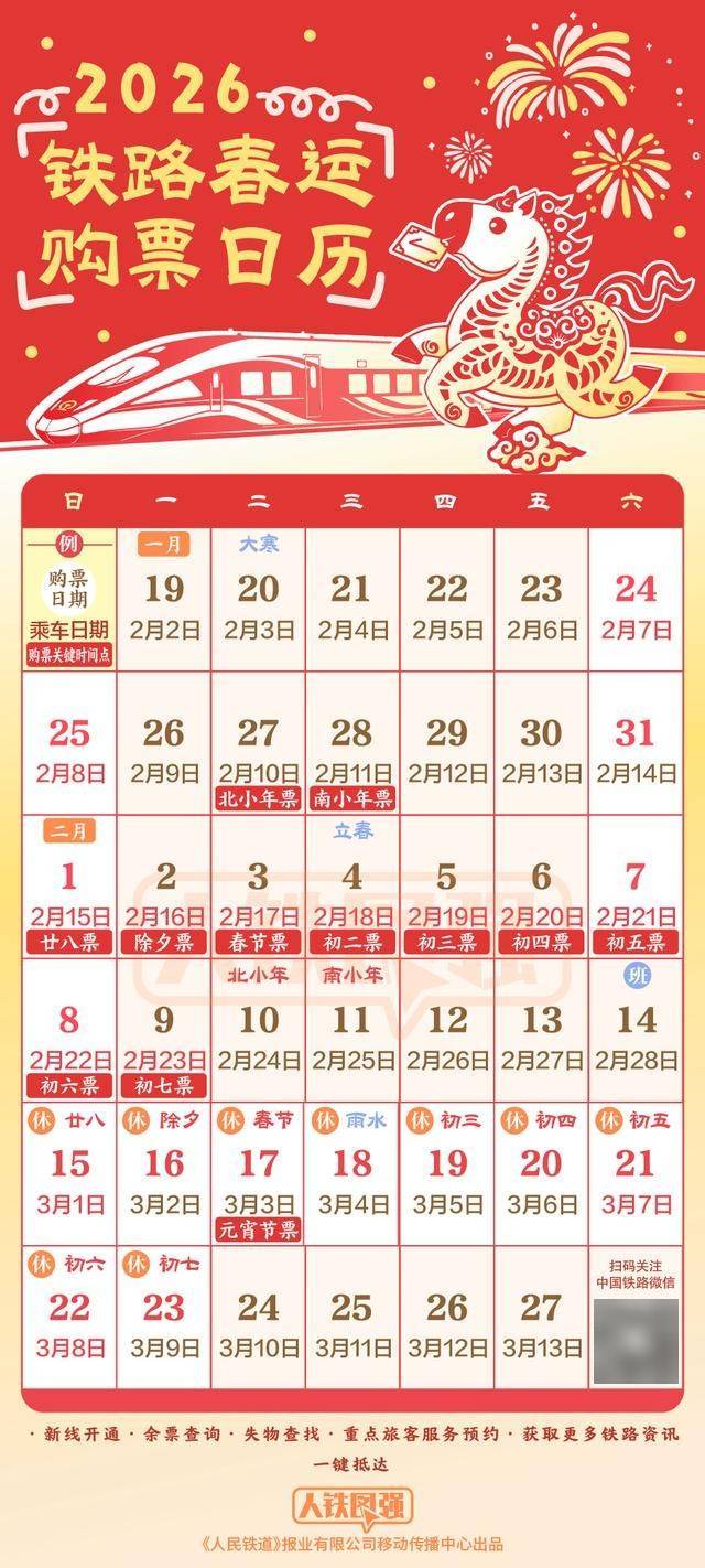 2026年鐵路春運火車票明起開售 購票日曆速收藏